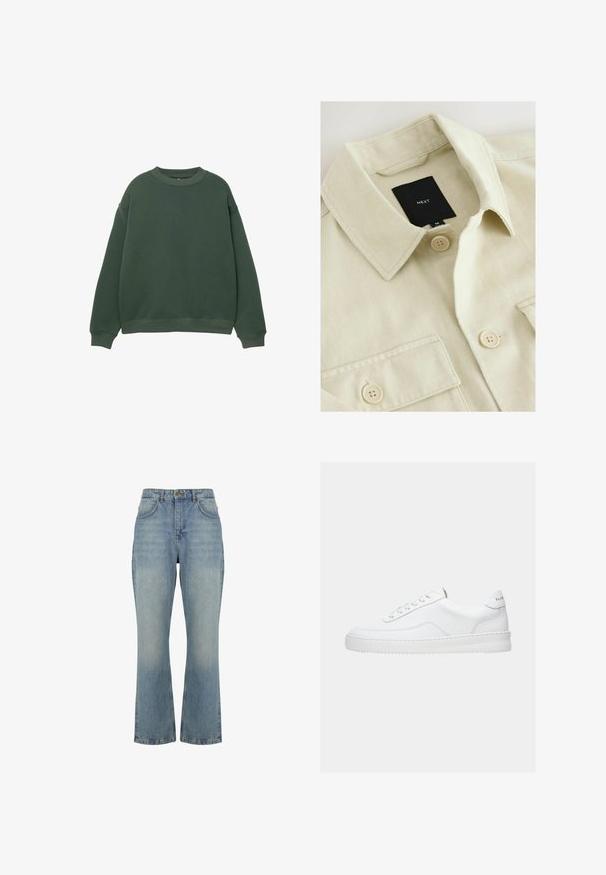 Beige skjorte med knapper, spids krave, brystlomme og sort mærkelabel med teksten "NEXT" inde i halsudskæringen.; Mørkegrøn sweatshirt med rund hals, lange ærmer og ribbede manchetter. Fremstillet af et blødt, struktureret stof med et afslappet fit design.; Lyseblå denim jeans med højtaljede lige ben, forrest med knaplukning, bæltestropper og to forlommer.; Hvid lavt sneaker med snørelukning, glat læderoverdel og tyk sål, vist fra siden på en ensfarvet baggrund.