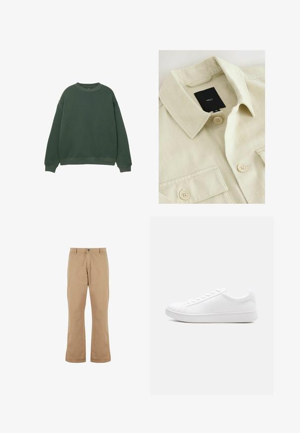 Beige skjorte med knapper, spids krave, brystlomme og sort mærkelabel med teksten "NEXT" inde i halsudskæringen.; Mørkegrøn sweatshirt med rund hals, lange ærmer og ribbede manchetter. Fremstillet af et blødt, struktureret stof med et afslappet fit design.; Beige bomuldsbukser med lige pasform, der har knaplukning, forlommer og en glat tekstur.; Hvid lavtop-sneaker med snørelukning, glat læderoverdel og tyk gummisål vist i sideprofil mod en ensfarvet baggrund.