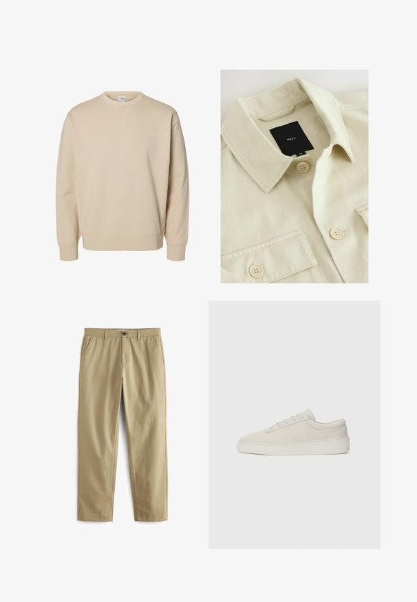 Beige skjorte med knapper, spids krave, brystlomme og sort mærkelabel med teksten "NEXT" inde i halsudskæringen.; Beige crewneck sweatshirt med lange ærmer, ribstrikkede manchetter og kant samt en lille syet V-detalje under kraven.; Beige bukser lavet af en bomuldsblanding, med knaplukning, to forlommer og lige ben med minimal tekstur.; Beige sneakers med en glat ruskindsfinish, rund tå og flad gummisole. Har snørebåndslukning og minimalistisk design med diskret syning.