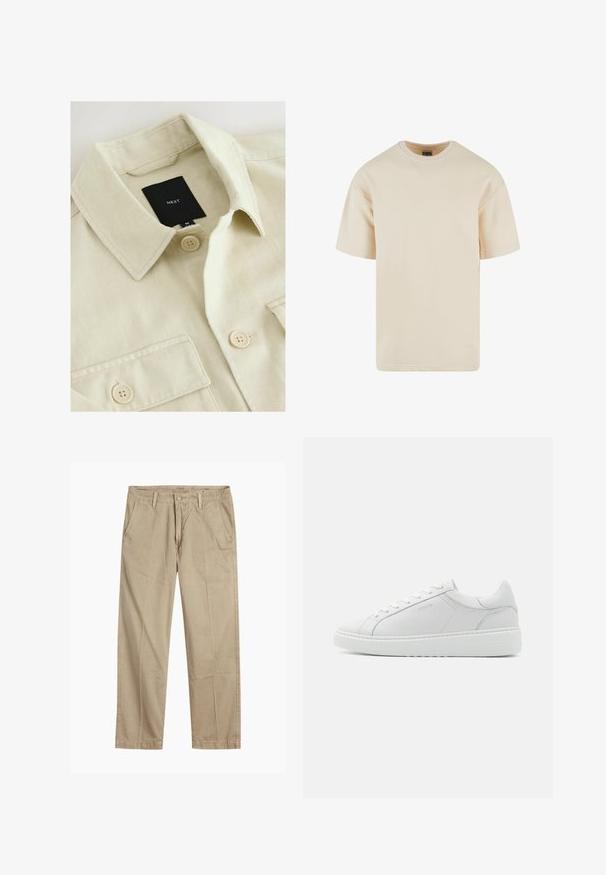 Beige overhemd met knopen, een puntige kraag, borstzak en een zwart merklabje met de tekst "NEXT" aan de binnenkant van de hals.; Beige katoenen t-shirt met ronde hals, korte mouwen en een rechte snit. Glad van textuur en geen zichtbare patronen of accenten.; Beige rechte pijpen chinos met riemlussen, voorkant met knoop en rits sluiting, en schuine voorzakken.; Witte lederen sneaker met een gladde textuur, ronde neus, laag profiel ontwerp en subtiele branding aan de zijkant. Gevoerde kraag en veters.