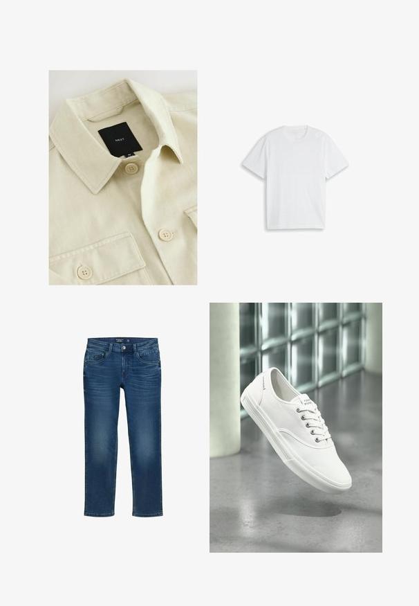 Beige skjorte med knapper, spids krave, brystlomme og sort mærkelabel med teksten "NEXT" inde i halsudskæringen.; En helt hvid T-shirt med korte ærmer og rund hals, lagt fladt på en hvid baggrund.; Herre lige ben jeans i mørkeblå denim med et klassisk fem-lommer design, diskrete slidmærker og knaplukning.; Hvid lavtop lærredssneaker med snørebånd, mærket Tommy Hilfiger, vist svævende over en glat grå gulv nær en væg af glasblokke.