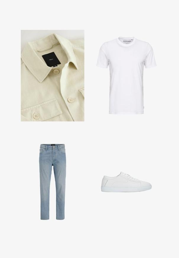Beige Hemd zum Zumachen mit spitzem Kragen, Brusttasche und schwarzem Markenlabel mit der Aufschrift "NEXT" im Nackenbereich.; Weißes T-Shirt mit kurzen Ärmeln aus Baumwolle, mit Rundhalsausschnitt und einem schlichten Design. Markentag im Nackenbereich sichtbar. Keine Muster oder Verzierungen.; Hellblaue Denim-Jeans mit geradem Schnitt, fünf Taschen, Knopfverschluss und einem leicht ausgewaschenen Finish.; Weißer niedriger Sneaker mit Schnürdesign, glattem Lederobermaterial und flacher Gummisohle, seitlich auf weißem Hintergrund dargestellt.
