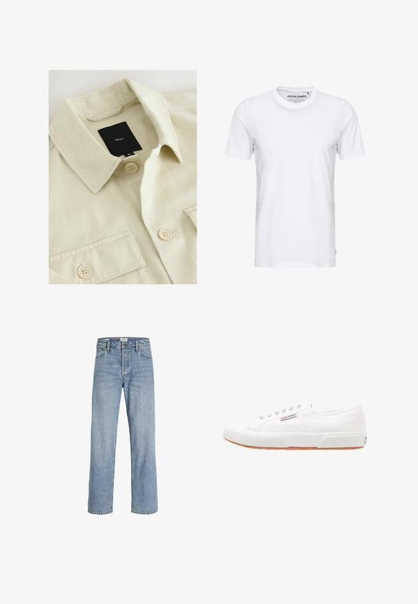 Beige skjorte med knapper, spids krave, brystlomme og sort mærkelabel med teksten "NEXT" inde i halsudskæringen.; Hvid t-shirt med korte ærmer lavet af bomuld, med en rund hals og et enkelt design. Brandtag synlig på halsområdet. Ingen mønstre eller accenter.; Lyseblå denimjeans med lige ben, høj talje, fem-lommers design og subtilt slid, med metalknaplukning.; Hvide kanvas sneakers med gummisål, snørebåndsdesign og et lille logo mærke på siden. Tekstureret hvid overdel og brun ydersål.