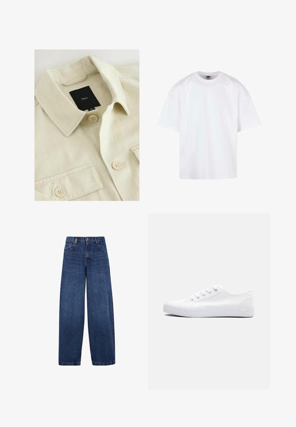 Chemise beige boutonnée avec col pointu, poche poitrine et étiquette de marque noire "NEXT" à l'intérieur de l'encolure.; T-shirt blanc à manches courtes avec un col rond, en coton, présentant une coupe décontractée et des détails de couture minimaux.; Jean en denim bleu à jambes larges avec un design classique à cinq poches, fermeture à bouton et une texture légèrement décolorée. Détails de couture robustes.; Baskets basses en toile blanche avec lacets blancs, semelle en caoutchouc et œillets métalliques, vues de côté extérieur sur un fond uni.