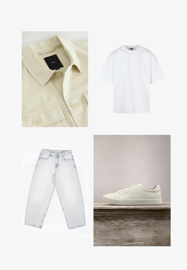 Beige overhemd met knopen, een puntige kraag, borstzak en een zwart merklabje met de tekst "NEXT" aan de binnenkant van de hals.; Witte korte mouw t-shirt met een ronde hals, gemaakt van katoen, met een ontspannen pasvorm en minimale stiksel-details.; Lichtgewassen spijkerbroek met een hoge taille, rechte, wijde pijpen, knoop- en ritssluiting en voor- en achterzakken.; Witte vetersneaker die boven een houten bank zweeft met groene bladeren op de achtergrond, waarbij het ontwerp en de textuur van de schoen worden getoond.