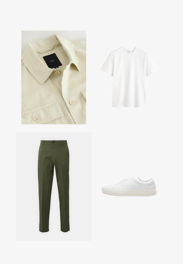 Beige skjorte med knapper, spids krave, brystlomme og sort mærkelabel med teksten "NEXT" inde i halsudskæringen.; Hvid kortærmet t-shirt med rund halsudskæring og en lille mærkeetiket indeni kraven.; Olivenfarvede bomuldsbukser med lige ben, der har en forreste knaplukning, sidelommer og minimale syninger.; Hvide lædersneakers med en glat overflade, rund tå, snørebåndslukning og flad gummisål. Minimalistisk design uden synlige mønstre.