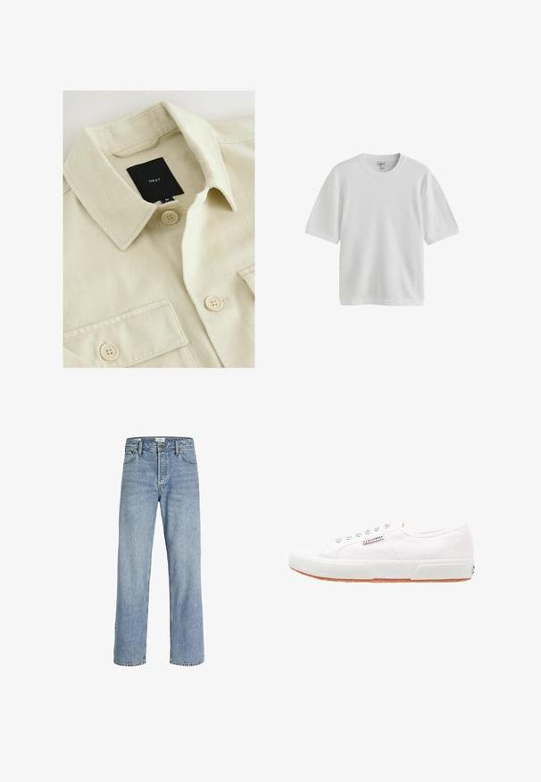 Beige skjorte med knapper, spids krave, brystlomme og sort mærkelabel med teksten "NEXT" inde i halsudskæringen.; Hvid kortærmet T-shirt med rund halsudskæring, vist mod en hvid baggrund.; Lyseblå denimjeans med lige ben, høj talje, fem-lommers design og subtilt slid, med metalknaplukning.; Hvide kanvas sneakers med gummisål, snørebåndsdesign og et lille logo mærke på siden. Tekstureret hvid overdel og brun ydersål.