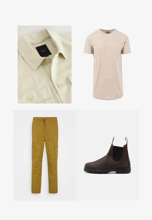 Beige skjorte med knapper, spids krave, brystlomme og sort mærkelabel med teksten "NEXT" inde i halsudskæringen.; Beige T-shirt lavet af blød bomuld; har en rund halsudskæring og korte ærmer; en glat tekstur uden mønstre eller dekorationer.; Only & Sons ONSELL TAPERED PANT - Cargobukser - lizard; Brun læder ankelstøvle med elastiske sidepaneler og løftestropper, der har en struktureret overflade og en holdbar sort gummisål.