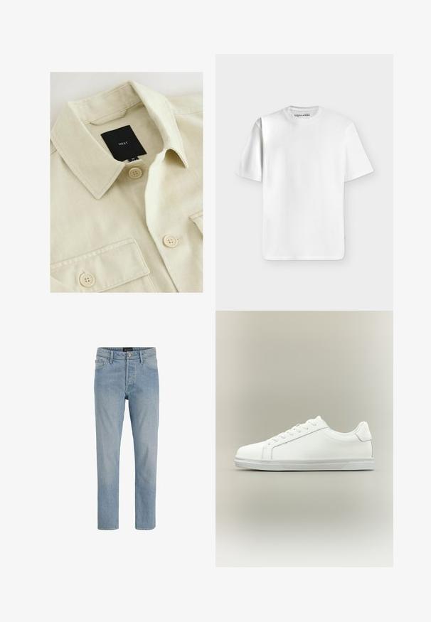 Beige skjorte med knapper, spids krave, brystlomme og sort mærkelabel med teksten "NEXT" inde i halsudskæringen.; Klassisk hvid T-shirt med korte ærmer og rund hals lagt fladt på en lysegrå baggrund med et lille mærke inde i halsudskæringen.; Lysblå denim jeans med lige snit, fem-lommers design, knaplukning og en let slidt finish.; Lavtop hvid sneaker med snørelukning foran og tekstureret gummisål mod en ensartet neutral baggrund.