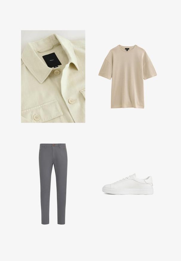 Beige overhemd met knopen, een puntige kraag, borstzak en een zwart merklabje met de tekst "NEXT" aan de binnenkant van de hals.; Beige geribde korte mouw T-shirt van gebreide stof met een ronde hals en een losse pasvorm, afgebeeld tegen een witte achtergrond.; Grijze katoenen broek met een aansluitend ontwerp, voorzien van een knoopsluiting, standaardzakken en een gladde textuur.; Witte lederen sneaker met lage schoenrand, veters aan de voorkant en dikke rubberen zool, zijaanzicht op een witte achtergrond.