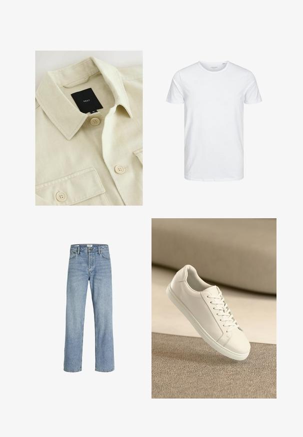 Beige skjorte med knapper, spids krave, brystlomme og sort mærkelabel med teksten "NEXT" inde i halsudskæringen.; Rundhals kortærmet t-shirt i ensfarvet hvid, lavet af blød bomuld, har et simpelt design uden synlige mønstre eller detaljer.; Lyseblå denimjeans med lige ben, høj talje, fem-lommers design og subtilt slid, med metalknaplukning.; Hvide lædersneakers med hvide snørebånd, præsenteret på en beige tekstureret overflade og med en blødt uskarp baggrund.