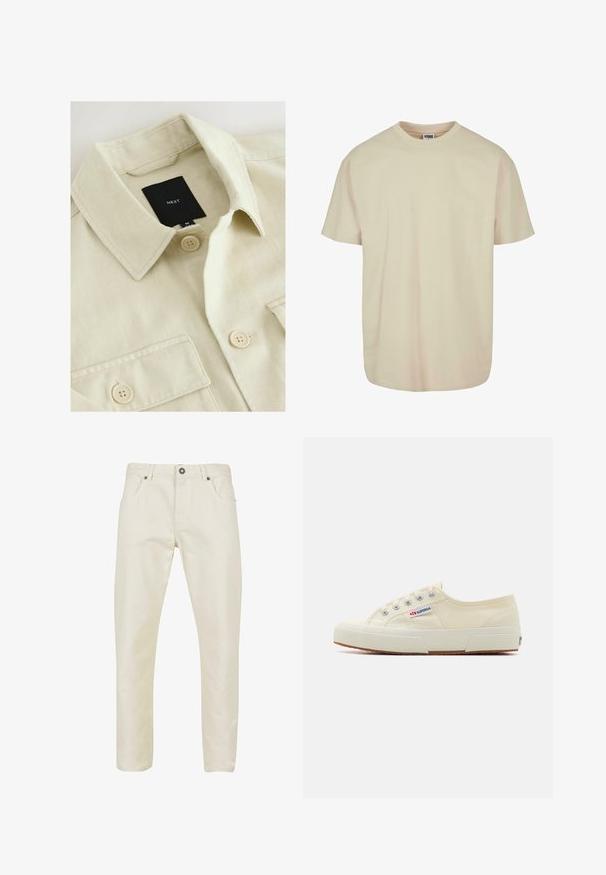 Beige Hemd zum Zumachen mit spitzem Kragen, Brusttasche und schwarzem Markenlabel mit der Aufschrift "NEXT" im Nackenbereich.; T-Shirt mit kurzen Ärmeln aus leichtem beigen Baumwollstoff, mit Rundhalsausschnitt, lässiger Passform und glatter Textur, ohne sichtbare Muster oder Akzente.; Beige Baumwollhose mit glatter Textur, geradem Schnitt, fünf Taschen Design und metallenem Knopfverschluss an der Taille.; Beige Leinen-Sneaker mit niedrigem Profil, Metallösen und Gummisohle. Mit einem strukturierten Muster und einem Logodetail an der Seite.