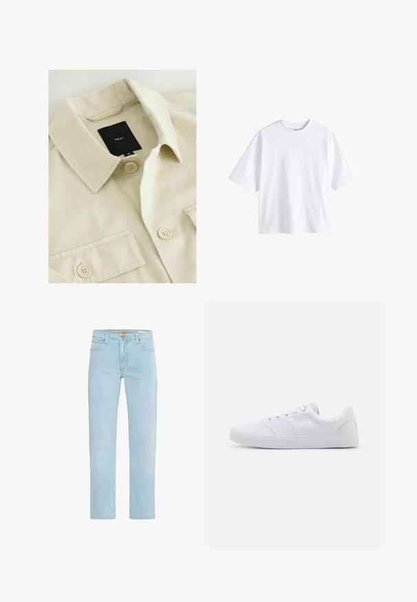 Beige overhemd met knopen, een puntige kraag, borstzak en een zwart merklabje met de tekst "NEXT" aan de binnenkant van de hals.; Next BOXY FIT - HEAVYWEIGHT T-SHIRT . - T-shirt basic - white; Lichtblauwe denim jeans met een rechte pasvorm, traditioneel vijf-pocketontwerp, en een messing knoop en ritsluiting aan de voorkant.; Witte canvas sneakers met een rubberen zool, voorzien van zes oogjes, een gestructureerde neuskap en een minimalistisch ontwerp.