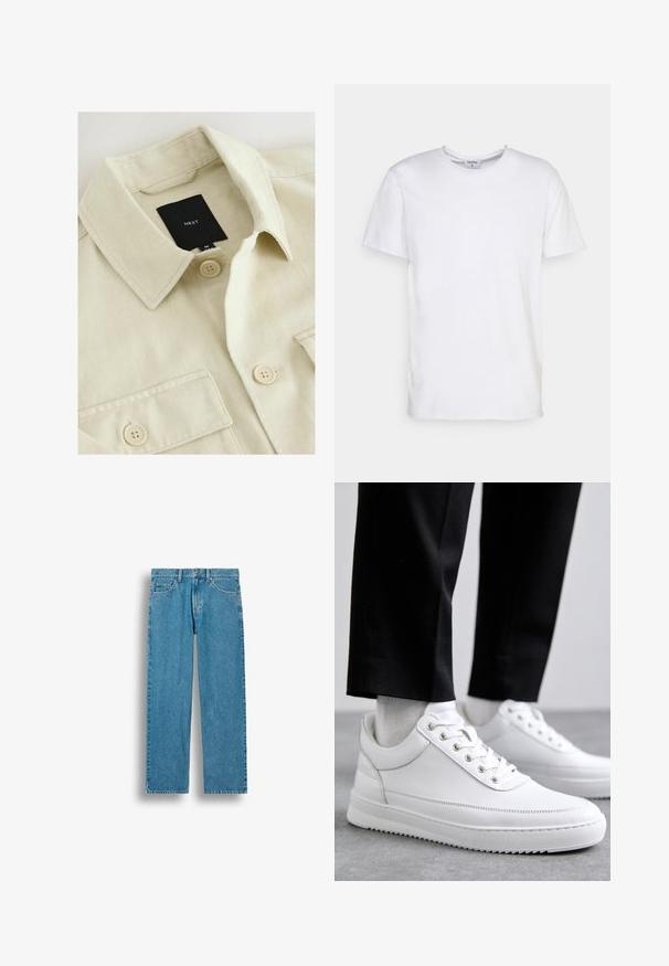 Beige overhemd met knopen, een puntige kraag, borstzak en een zwart merklabje met de tekst "NEXT" aan de binnenkant van de hals.; Witte t-shirt met korte mouwen, gemaakt van katoen. Heeft een ronde halslijn en een comfortabele pasvorm zonder zichtbare patronen of accessoires.; Blauwe rechtvallende denim jeans met voorzakken, riemlussen en een knoopsluiting, afgebeeld tegen een witte achtergrond.; Witte leren sneakers met een platte rubberen zool, met een soepele afwerking, ronde neus en metalen oogjes voor de veters. Draag ze met een zwarte broek.