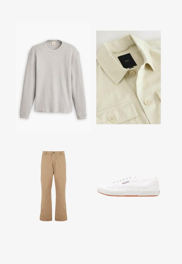 Beige skjorte med knapper, spids krave, brystlomme og sort mærkelabel med teksten "NEXT" inde i halsudskæringen.; Grå langærmet striktrøje med ribbet tekstur, rund halsudskæring og lige kant. Muddorne er tætsiddende og lavet af blødt stof.; Beige bomuldsbukser med lige pasform, der har knaplukning, forlommer og en glat tekstur.; Hvide kanvas sneakers med gummisål, snørebåndsdesign og et lille logo mærke på siden. Tekstureret hvid overdel og brun ydersål.