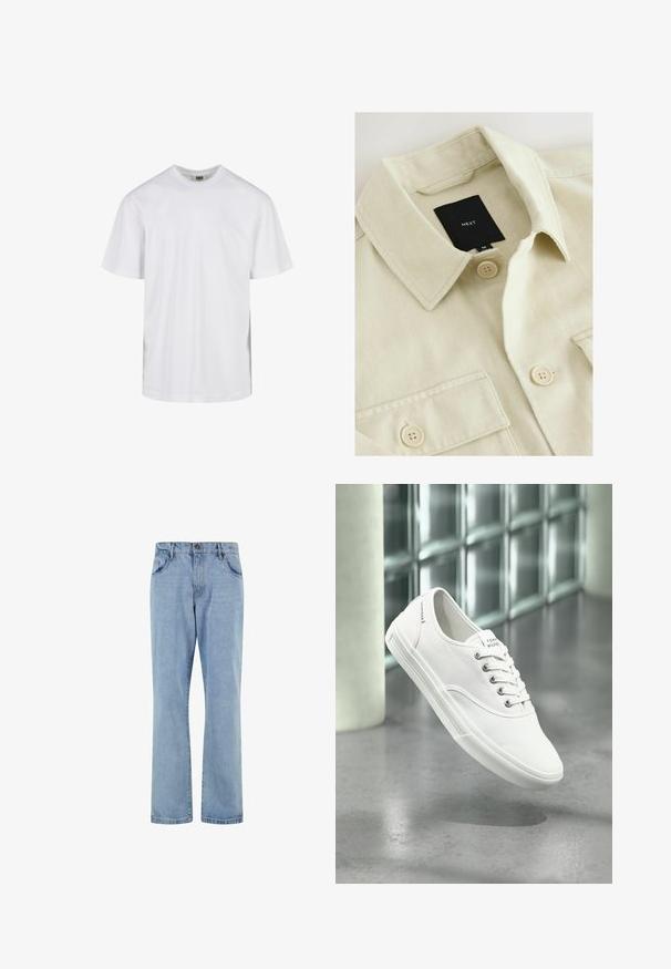 Beige overhemd met knopen, een puntige kraag, borstzak en een zwart merklabje met de tekst "NEXT" aan de binnenkant van de hals.; Eenvoudig wit T-shirt met korte mouwen en ronde hals, met een losse pasvorm, afgebeeld tegen een witte achtergrond.; Lichtblauwe rechte spijkerbroek met voorzakken, riemlussen en knoopsluiting op een witte achtergrond.; Witte lage canvas sneaker met veters, met label Tommy Hilfiger, getoond zwevend boven een gladde grijze vloer nabij een muur van glasblokken.