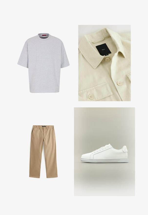 Beige skjorte med knapper, spids krave, brystlomme og sort mærkelabel med teksten "NEXT" inde i halsudskæringen.; Lys grå oversized t-shirt, korte ærmer, rund halsudskæring, lavet af blødt stof, har en lige kant uden mønstre eller dekorationer.; Beige bukser med lige ben, knap- og lynlåslukning, bæltestropper og sidelommer, lagt fladt på en hvid baggrund.; Lavtop hvid sneaker med snørelukning foran og tekstureret gummisål mod en ensartet neutral baggrund.