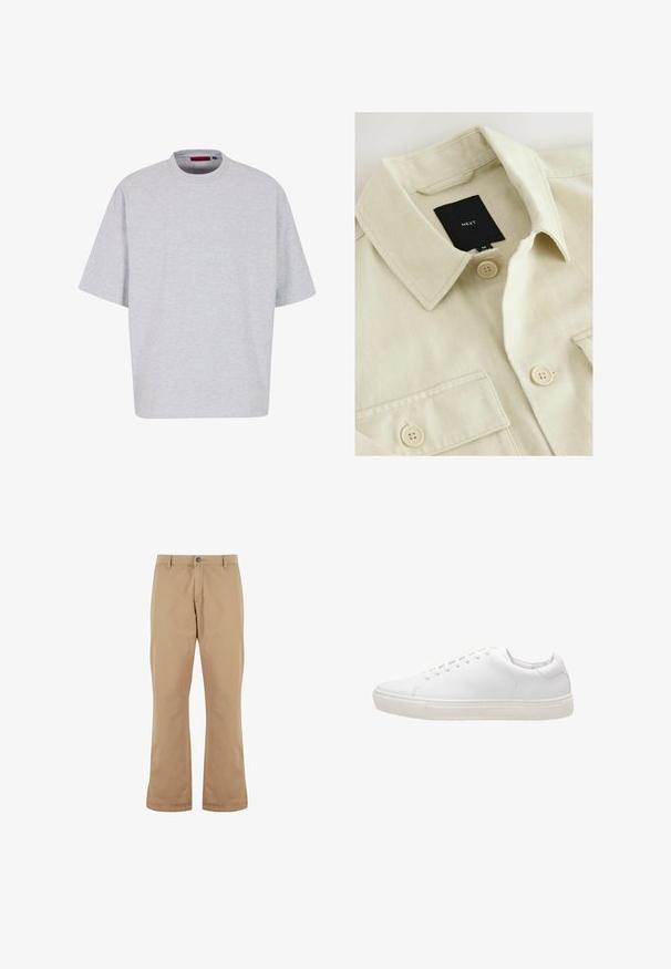 Beige overhemd met knopen, een puntige kraag, borstzak en een zwart merklabje met de tekst "NEXT" aan de binnenkant van de hals.; Lichtgrijs oversized t-shirt, korte mouwen, ronde halslijn, gemaakt van zachte stof, heeft een rechte zoom zonder patronen of versieringen.; Beige katoenen broek met een rechte snit, voorzien van een knoopsluiting, zijzakken en een gladde textuur.; Witte leren sneaker met een gladde textuur, ronde neus, vetersluiting en een platte rubberen zool. Minimalistisch ontwerp zonder zichtbare patronen.