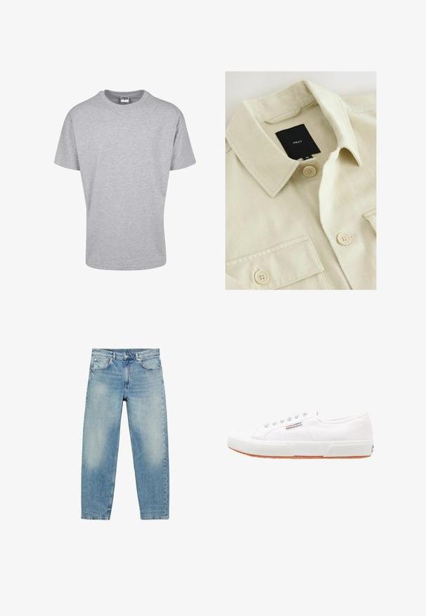 Beige overhemd met knopen, een puntige kraag, borstzak en een zwart merklabje met de tekst "NEXT" aan de binnenkant van de hals.; Grijze katoenen t-shirt met een ronde halslijn en korte mouwen. Eenvoudig ontwerp, geen patronen of accenten. Klassieke ontspannen pasvorm.; Jeans met rechte pijpen van blauwe denim, met voorzakken en riemlussen, met lichte vervaagde details op dijen en knieën.; Witte canvas sneakers met een rubberen zool, vetersluiting en een klein logolabel aan de zijkant. Gewreven wit bovenwerk en een bruine zool.