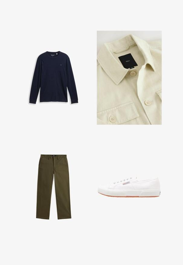 Beige skjorte med knapper, spids krave, brystlomme og sort mærkelabel med teksten "NEXT" inde i halsudskæringen.; Marine langærmet T-shirt lavet af blødt bomuld, med rund halsudskæring, syede kanter og et lille broderet logo på brystet.; Olivengrønne bukser lavet af bomuldsstof, med lige ben design, knaplukning og sidelommer. Enkel og funktionel stil.; Hvide kanvas sneakers med gummisål, snørebåndsdesign og et lille logo mærke på siden. Tekstureret hvid overdel og brun ydersål.