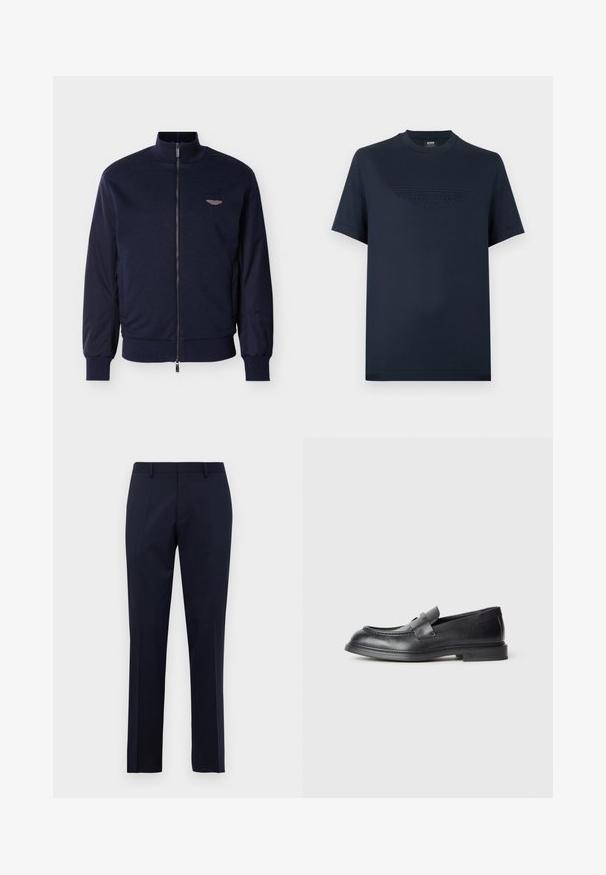 Cazadora bomber azul marino con cuello alto, cuerpo de tela y mangas lisas en contraste. Cuenta con cierre de cremallera y un pequeño detalle de logo con alas.; Camiseta de algodón azul marino con mangas cortas, con un logo de ala de Aston Martin texturizado en el frente. Cuello redondo clásico, ajuste relajado.; Pantalones formales ajustados de color azul marino con pasadores para cinturón y pliegues frontales marcados, exhibidos sobre un fondo blanco liso.; Mocasines de cuero negro con acabado texturizado, que cuentan con una correa decorativa en la parte delantera y punta redondeada. Suela de goma para mayor durabilidad.