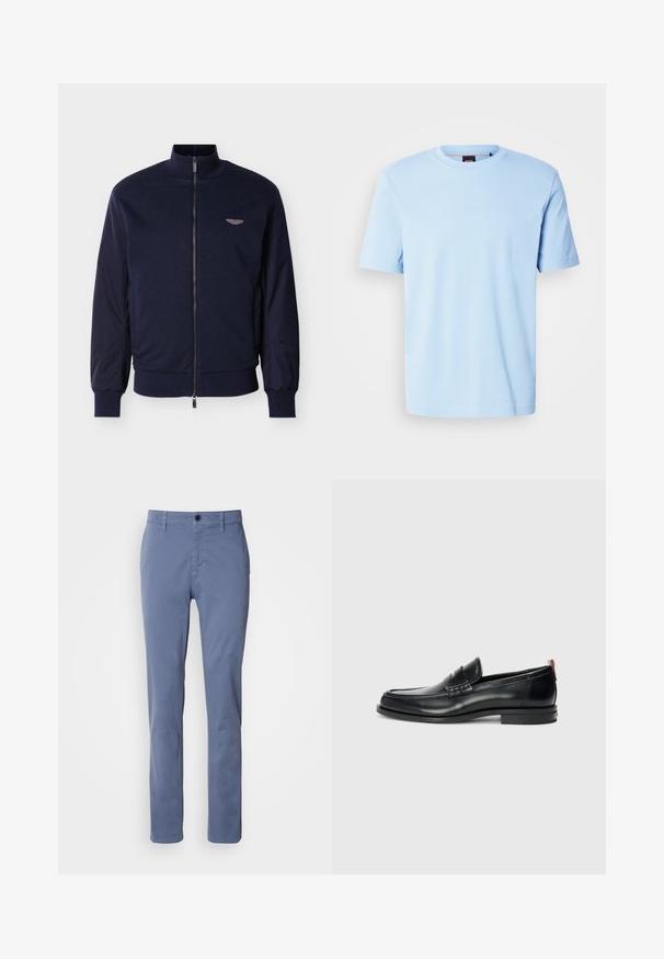 Marineblauwe bomberjack met een hoge kraag, stoffen lijf en contrasterende gladde mouwen. Voorzien van een ritssluiting en een klein logo met vleugels.; Lichtblauw T-shirt met korte mouwen en ronde hals, met een subtiel reliëflogo in het midden van de borst en een zwart label in de kraag.; Blauwe rechte broek met knoop- en ritsluiting, riemlussen en voorzakken, weergegeven op een witte achtergrond.; Zwarte leren loafers met een slank ontwerp, ronde neus, gestructureerd accent op de wreef en een rubberen zool voor grip. Inclusief trekstrip aan de achterkant.