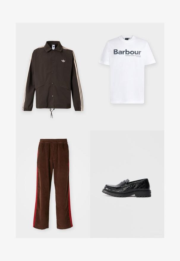 Bruine jas met een kraag, drukknoopsluiting aan de voorkant, twee zijzakken en lichtroze strepen langs de mouwen. Heeft een logo op de borst.; Wit T-shirt met korte mouwen en ronde hals met het "Barbour" logo en de tekst "Manufacturers of Outdoor Clothing" gedrukt op de voorkant.; Bruine corduroy broek met een elastische tailleband, voorzien van rode zijkanten en rechte pijpen. Gelaagd stof met subtiele ribbel-details.; Zwarte loafer van krokodillenleer met een chunky zool en een pennyband, zijaanzicht, geïsoleerd op een lichte grijze achtergrond.