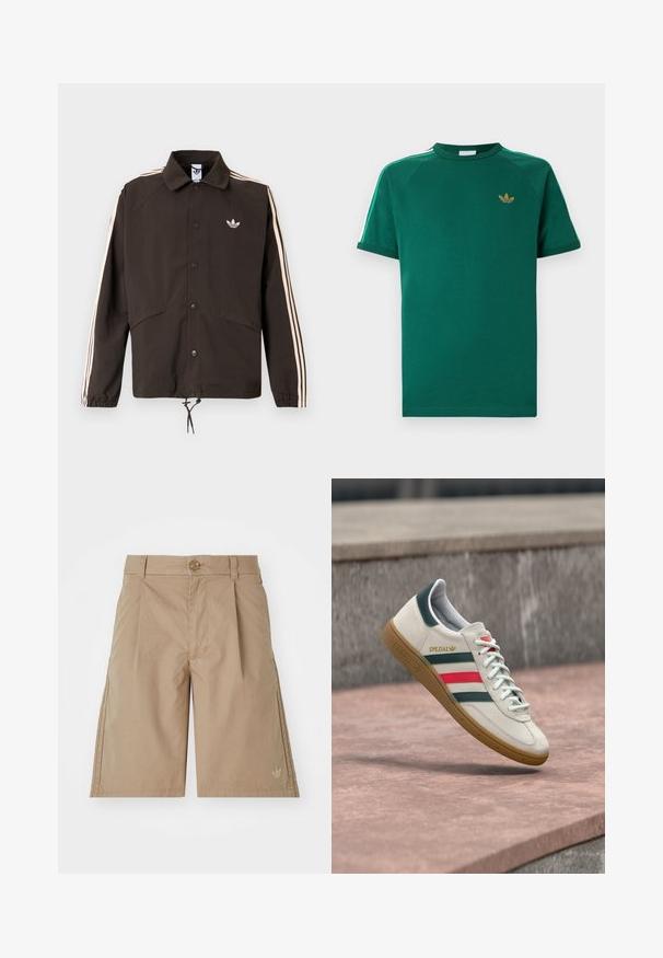 Bruine jas met een kraag, drukknoopsluiting aan de voorkant, twee zijzakken en lichtroze strepen langs de mouwen. Heeft een logo op de borst.; Groen Adidas T-shirt met korte mouwen en ronde hals, goudkleurig trefoil-logo op de borst, en witte strepen met groene randen langs de schouders.; Beige katoenen shorts met een rechte snit, voorkeursplooien en een enkele knoopsluiting. Beschikt over een subtiele logo aan de linksonderzijde.; Witte Adidas sneaker met groene en rode strepen, rubberen zool en "SPEZIAL" branding die boven een stenen bestrating zweeft.