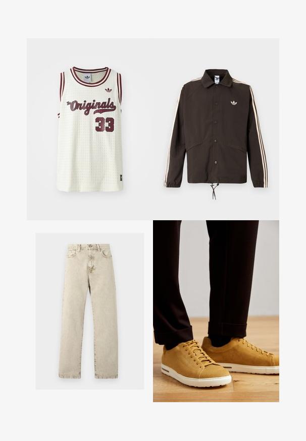 Pruun jakk kraega, ees klõpsud, kaks küljetaskut ja heledate roosade triipudega varrukatel. Rinnal on logo.; Valge võrkkangas sansleeve jersey maroon aktsentidega, tekstiga "The Originals", number 33 ja väike logo vasakul rinnal.; Beežid kõrge vöökohaga sirge säärega teksapüksid, millel on viis taskut ja nähtav õmblus heledal taustal.; Kollaste ribadega spordijalatsid valgete taldadega, ümarate varvastega, lipsudega disain ja tekstureeritud pind, kantud mustade kääritud pükstega puidust põrandal.