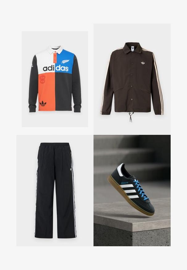 Brun jakke med krave, forreste trykknapper, to sidelommer og lyserøde striber langsærmerne. Har et logo på brystet.; Farvet opdelt langærmet polo shirt i sort, hvid, orange og blå, med krave, knaplukning og fremtrædende Adidas branding.; Sorte bukser med vide ben og hvide striber på siden, elastisk talje, forreste læg og Adidas-logo på højre lår.; Sort Adidas sneaker med hvide striber, blå snørebånd og gummisål, der svæver over gråt betontrin i blødt lys.