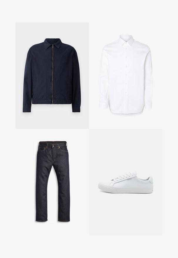 Marineblauwe jas met een klassieke kraag, een rits aan de voorkant, twee zijzakken en een gladde, lichtgewicht stofstructuur.; Witte blouse met lange mouwen, klassieke kraag en manchetten met knopen.; Donkerblauwe denim jeans met rechte snit, vijf zakken, metalen hardware en contrasterende oranje stiksels. Glad oppervlak, geen zichtbare patronen.; Witte leren sneakers met een gladde afwerking, laagmodel ontwerp, ronde neus en platte rubberen zool. Voorzien van platte veters en minimale merkpresentatie.
