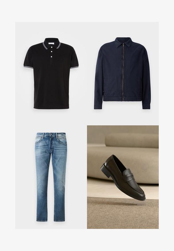 Chaqueta azul marino con cuello clásico, cierre frontal de cremallera, dos bolsillos laterales y una textura de tela suave y ligera.; Camisa polo negra de algodón, con un cierre de tres botones, ribetes en blanco en el cuello y las mangas, y un logo discreto.; Jeans rectos azules con detalles deslavados, botón frontal y bolsillos, exhibidos sobre un fondo blanco liso.; Zapato mocasín de cuero negro descansando sobre una alfombra beige con un sofá beige curvado en el fondo.
