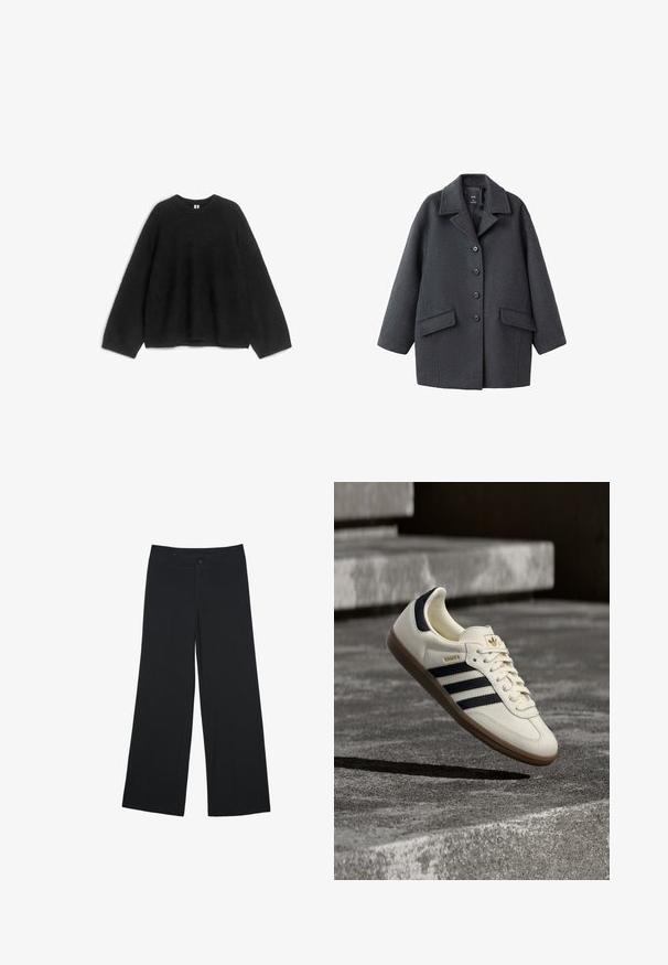 Manteau en laine gris foncé avec un col à revers, six boutons sur le devant et deux poches latérales. Présente une coupe décontractée et un tissu texturé.; Pull en maille noir, col rond, manches longues, coupe décontractée, texture douce, sans motifs ni accents visibles. Convient pour une tenue décontractée.; Pantalons larges en tissu noir, avec des poches avant et une fermeture à bouton. Texture lisse, coupe ajustée et design à longueur complète.; Baskets blanches Adidas Samba avec des bandes noires et une semelle en gomme, flottant au-dessus de marches en béton gris texturé.