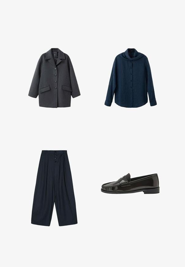Manteau en laine gris foncé avec un col à revers, six boutons sur le devant et deux poches latérales. Présente une coupe décontractée et un tissu texturé.; Chemise bleu marine à manches longues avec des rayures verticales blanches fines et un col large drapé.; Pantalon bleu marine à jambes larges avec fines rayures verticales, quatre boutons noirs à l’avant et passants de ceinture à la taille.; Mocassin homme noir en cuir verni, sans lacets, avec bout mocassin cousu et talon bas empilé, présenté de profil sur fond blanc.