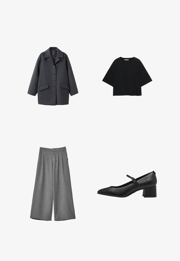 Manteau en laine gris foncé avec un col à revers, six boutons sur le devant et deux poches latérales. Présente une coupe décontractée et un tissu texturé.; Haut noir à manches courtes en mélange de coton. Coupe carrée avec manches larges et encolure ronde. Couleur unie, sans motifs ni accents visibles.; Pantalons cropped larges gris avec passants de ceinture, poches latérales et plis à l'avant, fabriqués dans un tissu doux.; Bottine en cuir noir à talon bas avec un bout pointu, une bride aux chevilles et une finition texturée. Design simple avec un solide talon carré.