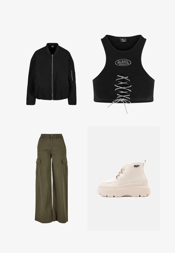 Urban Classics Blouson Bomber - black; Top court noir en tissu doux, doté d'un devant lacé avec des cordons argentés et d'un patch logo rond au niveau du col.; Pantalons cargo larges en vert olive avec deux poches latérales, fabriqués à partir d'un tissu doux et durable. Présente une couture détaillée et une fermeture à bouton.; Bottes à plateforme épaisses en matériau synthétique beige clair. Elles présentent une pointe arrondie, un laçage avec quincaillerie métallique et un accent logo.