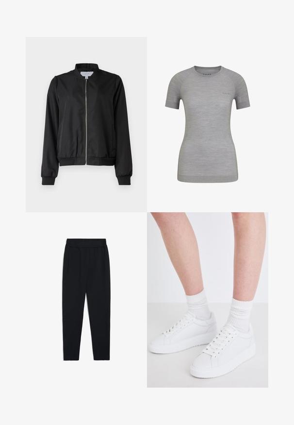 Schwarze Bomberjacke mit Reißverschluss vorne, rundem Kragen, elastischen Bündchen und Saum. Hergestellt aus glattem Stoff mit seitlichen Taschen.; Hellgraues Sportshirt mit kurzen Ärmeln, atmungsaktiver Textur und gemustertem Mesh-Detail. FALKE-Logo auf der Vorderseite. Rundhalsausschnitt.; Schwarze Jogginghosen aus weichem Stoff, mit einem dehnbaren Bund, Seitentaschen und schmalen Beinen für eine taillierte Optik.; Copenhagen Studios CPH72 - Sneaker low - white
