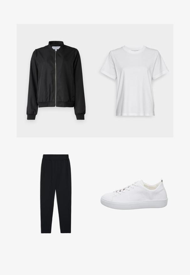 Schwarze Bomberjacke mit Reißverschluss vorne, rundem Kragen, elastischen Bündchen und Saum. Hergestellt aus glattem Stoff mit seitlichen Taschen.; Weißes Baumwoll-T-Shirt mit kurzen Ärmeln, Rundhalsausschnitt und lässigem Schnitt. Glatte Textur, keine Muster oder Grafiken, einfaches Design.; Schwarze Jogginghosen aus weichem Stoff, mit einem dehnbaren Bund, Seitentaschen und schmalen Beinen für eine taillierte Optik.; Weiße Leder-Sneaker mit einer glatten Textur, runder Zehenpartie und flacher Gummisohle. Mit sechs Ösen für die Schnürsenkel und einem minimalistischen Design.