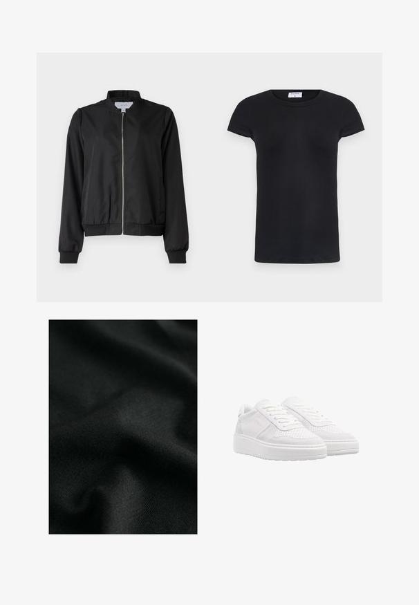 Veste bomber noire avec fermeture éclair à l'avant, col arrondi, poignets et taille élastiques. Fabriquée en tissu lisse avec des poches latérales.; T-shirt noir à côtes avec un col rond et des manches courtes. Tissu doux avec une coupe ajustée, présentant une étiquette au niveau du cou.; Tissu en coton noir avec une texture lisse, présentant de légers ondulations et des motifs en maille subtils. Le matériau offre un tombé doux et flexible.; Baskets blanches avec une tige en suède et en cuir perforé, lacets plats, col rembourré et une semelle en caoutchouc épaisse et texturée.