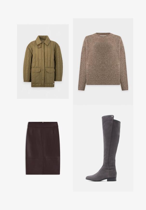 Quiltet olivengrøn jakke med trykknaplukning foran, to store klaplommer og en bred krave med en ekstra trykknapstrop.; Brun og beige ribstrikket sweater med lange ærmer og rund hals, vist mod en ensfarvet lys baggrund.; Bordeaux læderblyantnederdel med en glat tekstur, der har frontfald og en skjult lynlås bagpå til lukning.; Grå ruskind støvler, der går over knæet med spids tå, slankt design og lav blokhæl; har et lille logo øverst.