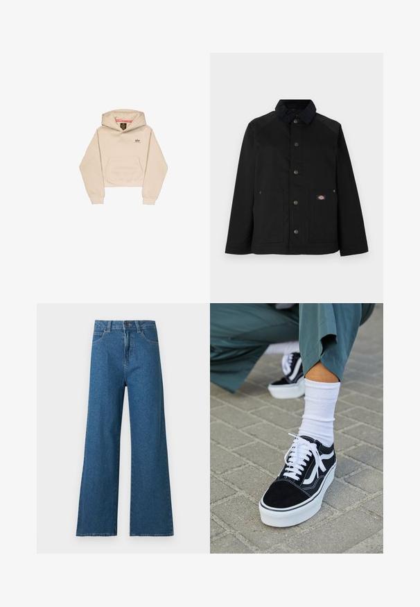 Zwarte jas met knopen, met corduroy kraag, twee zakken aan de voorkant en een klein rechthoekig logovliegtuig op de rechterzak.; Korte beige hoodie van zacht materiaal, met een voorzak, capuchon en klein logo op de borst. Soepele textuur en een ontspannen pasvorm.; Blauwe wijde denim jeans met knoopsluiting vooraan, ritssluiting en klassiek ontwerp met vijf zakken op een witte achtergrond.; Zwarte suède sneaker met witte accenten en veters, uitgerust met een dikke witte zool en contrasterende stiksels, gecombineerd met een witte sok.