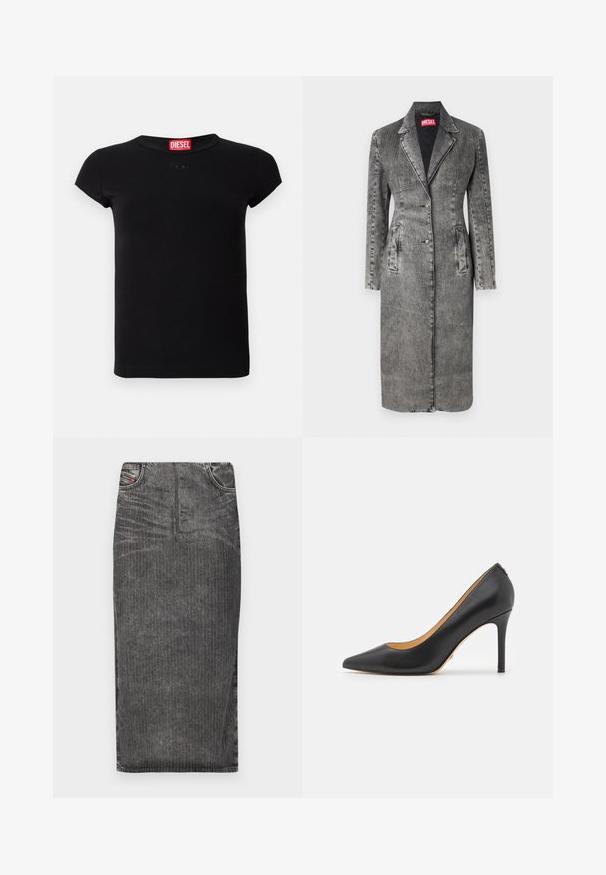 Denimjakke i falmet sort med en tætsiddende silhuet, reverskrave, to forlommer og fem-knap lukning. Subtil lodret mønsterdetalje.; Sort kortærmet tætsiddende T-shirt med rund halsudskæring og rød Diesel-logo etiket indeni kraven.; Grå denim midi-skjørt med vertikale striber, med høj talje, fem lomme-design og en ren kant.; Sort læder spidse stiletto hæle med høj hæl, der har en glat overflade og minimalistisk design. Indersiden er foret i tan farve.