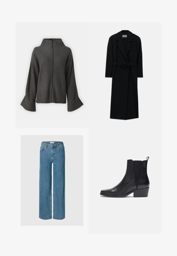 Musternööriga must rihmaga jakk, millel on suured kraed ja pikad varrukad. Selles on üks tasku rinnal ning sirge siluett. Sile tekstuur.; VILA VIVIGGA CONTRAST - Džemper - dark grey/black; Sinised kõrge vöökohaga laiade säärtega teksapüksid esitaskute, nööpidega kinnituse ja vööaasadega, kuvatud lihtsa tausta ees.; Zign Klassikalised poolsaapad - black