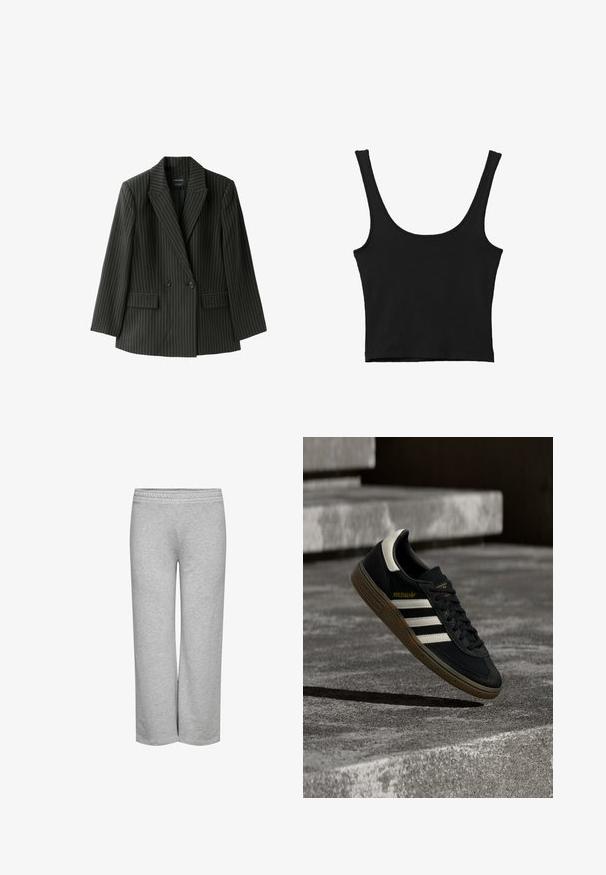 Schwarzer doppelt geknöpfter Blazer mit weißen Nadelstreifen, Revers mit Kerbe, langen Ärmeln und zwei Klappentaschen vorne.; Schwarzes verkürztes Tanktop mit breiten Trägern, aus weichem Material, mit glatter Textur und minimalistischem Design.; Graue Sweatpants mit einem weiten Schnitt, weichem Material und einem elastischen Bund, ohne sichtbare Muster oder Hardware-Details.; Schwarzer Adidas-Sneaker mit weißen Streifen und Gummisohle schwebt über grauen Betonstufen im natürlichen Licht.