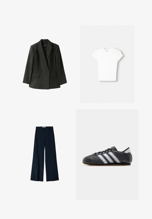 Blazer noir croisé à fines rayures blanches, col cranté, manches longues et deux poches à rabat à l'avant.; T-shirt blanc à manches courtes en coton doux, avec un col rond et une coupe ajustée. Pas de motifs ni d'ornements visibles.; Pantalons larges navy en tissu lisse, dotés de deux plis avant et d'une fermeture à un bouton à la taille.; Baskets de sport en cuir noir avec des rayures blanches, bout rond, semelle plate et fermeture à lacets. Comprend des perforations pour la respirabilité.