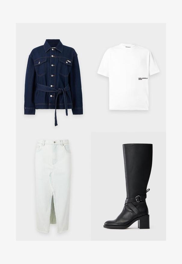 Mørkeblå denimjakke med knaplukning, to brystlommer og et matchende stofbælte bundet i taljen.; Hvidt bomuldst-shirt med rund halsudskæring, korte ærmer og trykt "KARL LAGERFELD JEANS" logo i sort på venstre bryst.; Lyseblå denimnederdel med en frontslids, rå kant, to forlommer og knaplukning. Lige silhuet, ankellængde.; Sort læder støvle til midt på læggen med blokhæl og dekorativ strop med sølvfarvet spænde på en enkel lys baggrund.
