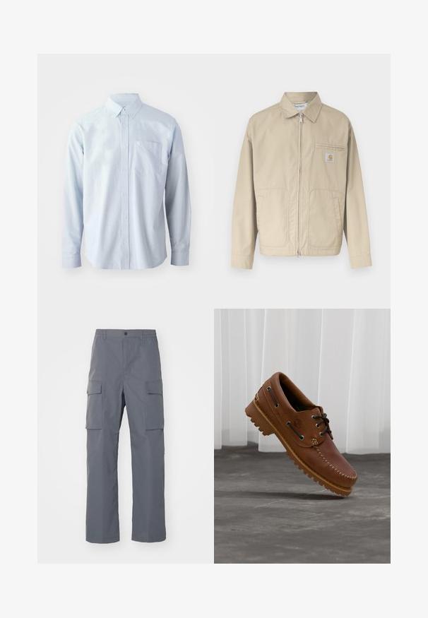 Beige jas met ritssluiting en kraag, twee voorzakken en een klein Carhartt-logo op het linkerborstzakje.; Lichtblauw overhemd met lange mouwen gemaakt van katoen. Voorzien van een button-down kraag, knopen aan de voorkant en een borstzak aan de linkerkant.; Grijze cargobroek van duurzaam materiaal. Kenmerken zijn een elastische tailleband, twee grote zijzakken en een rechte pijp.; Bruine leren bootschoen met zwarte veters, beige stiksel en een robuuste zool, zwevend boven een grijze betonnen vloer.
