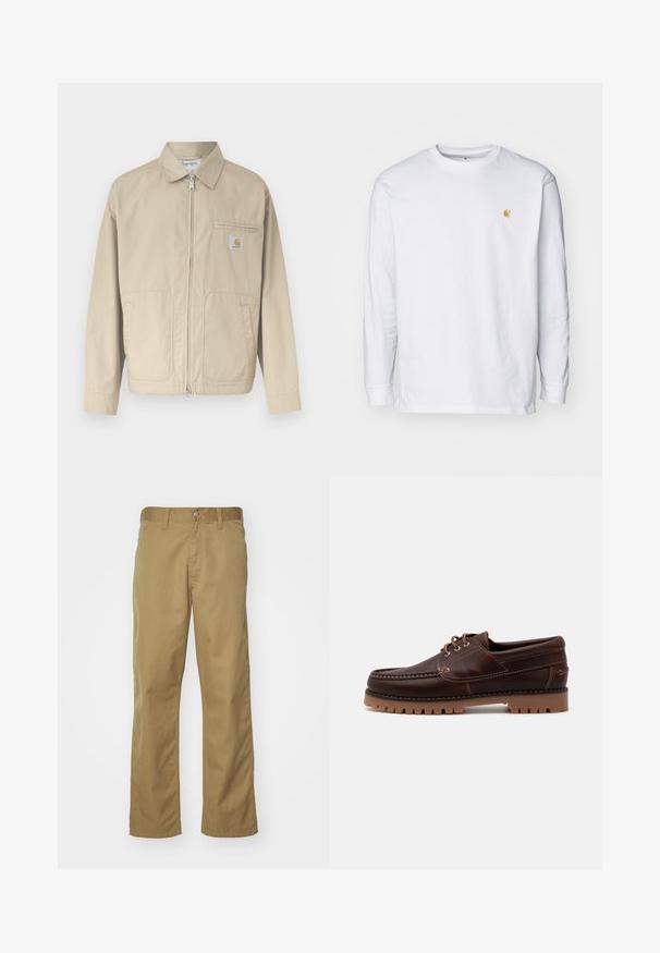 Veste beige à fermeture éclair avec col, deux poches frontales et une petite étiquette logo Carhartt sur la poche poitrine gauche.; T-shirt à manches longues blanc en coton. Présente un petit logo doré sur la poitrine et un col rond. Design simple et coupe standard.; Chino kaki avec une coupe droite, fabriqué en tissu de coton lisse. Dispose d'une fermeture à bouton à l'avant et de poches latérales.; Bateau en cuir marron avec des détails de couture, design à lacets et semelle en caoutchouc robuste avec des crampons texturés pour une meilleure adhérence.