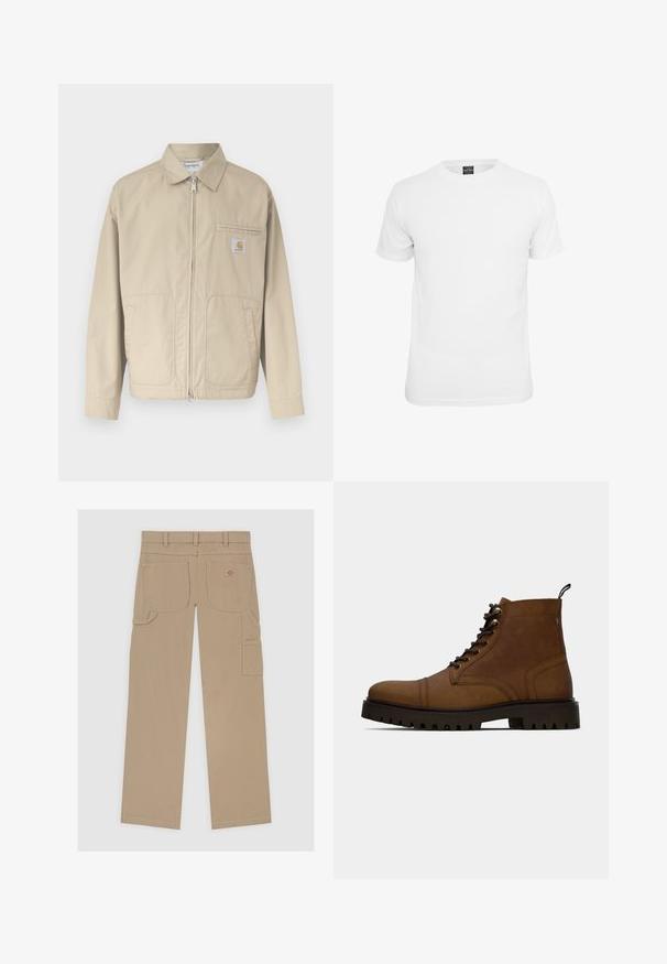 Chaqueta beige con cremallera y cuello, dos bolsillos delanteros y un pequeño parche con el logo de Carhartt en el bolsillo del pecho izquierdo.; Camiseta blanca de manga corta, fabricada en algodón, con un cuello redondo y una textura suave, diseñada para el uso casual.; Pantalones cargo beige con un diseño de pierna recta, múltiples bolsillos y una discreta etiqueta de logo en la parte trasera, fabricados con una resistente mezcla de algodón.; Botín de cuero marrón con cordones, pernas cortas y suela negra gruesa con relieve, con una pestaña de agarre, sobre un fondo blanco.