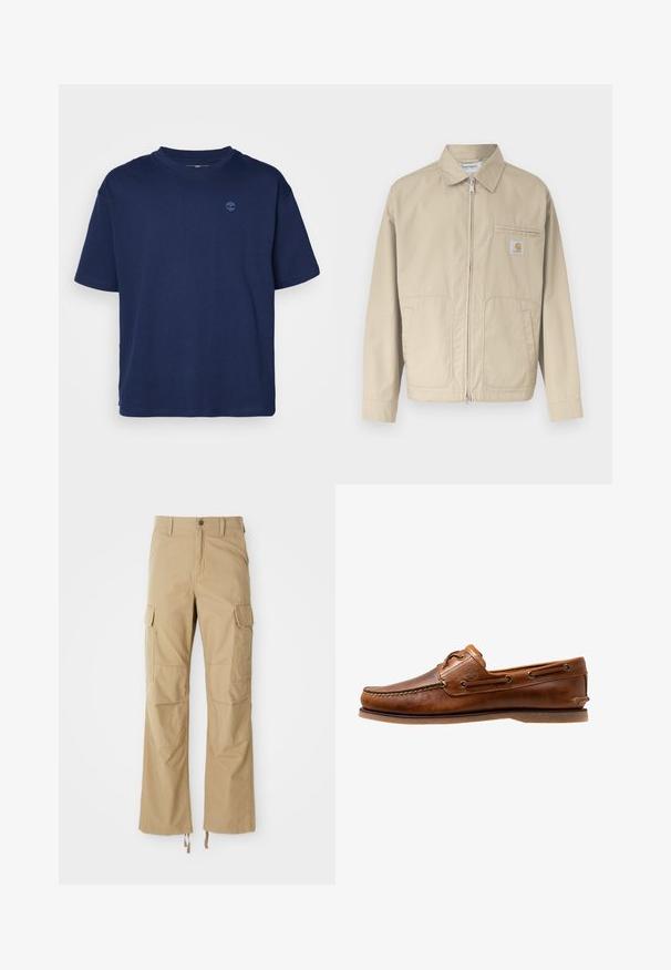 Beige jakke med lynlås og krave, to forlommer og et lille Carhartt-logo på venstre brystlomme.; Marineblå bomulds T-shirt med rund halsudskæring, korte ærmer og et lille, tonalt logo på brystet. Casual pasform, glat tekstur.; Khaki cargo bukser lavet af slidstærkt stof, der har flere sidelommer, en lige ben-design og justerbare snore i kanten.; Brune læder bådsko med syede detaljer, der har metaløjer, en forhøjet søm på tåen og en flad gummisål.